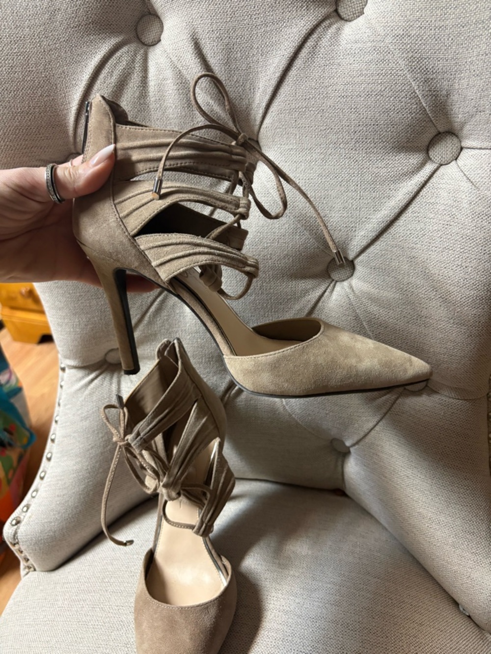 Jessica Simpson Pointed-Toe Suede Lace-Up Heels in Taupe - Picture 8 of 11